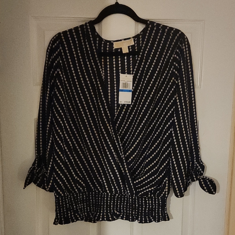 Michael Kors Black and White Wrap Blouse with 3/4 Sleeves